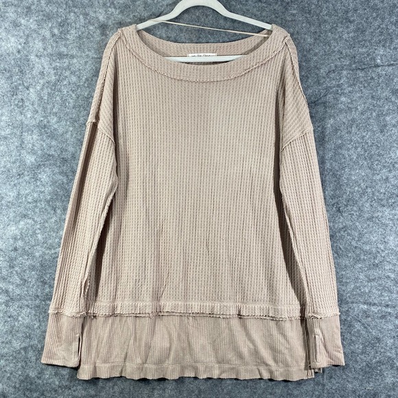 Free People Thermal Top Small Sand Beige Waffle Knit Long Sleeve Oversized - Picture 3 of 14